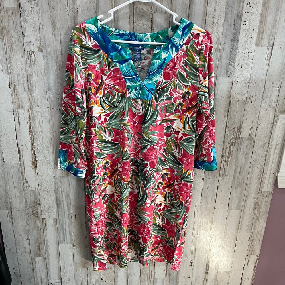 Caribbean Joe Dress Womens Medium Tropical Print Notch Bracelet‎ Sleeve Caftan